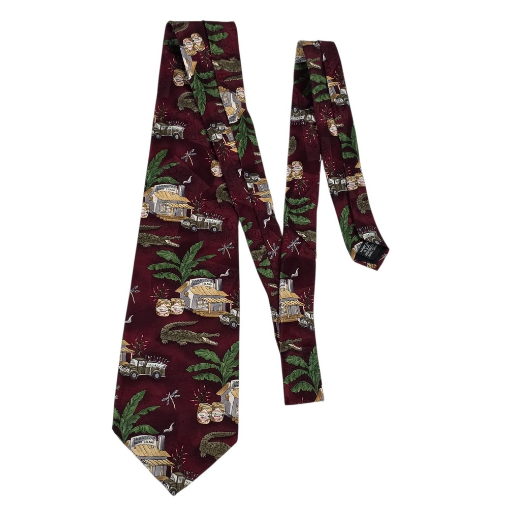 TABASCO Alligator‎ Tropical Scene Silk Necktie Red Burgundy Men's Accessory
